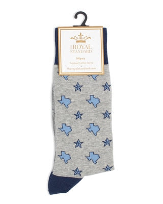 The Royal Standard Men's Texas Star Socks in gray & blue, featuring light blue Texas state maps & dark blue stars.