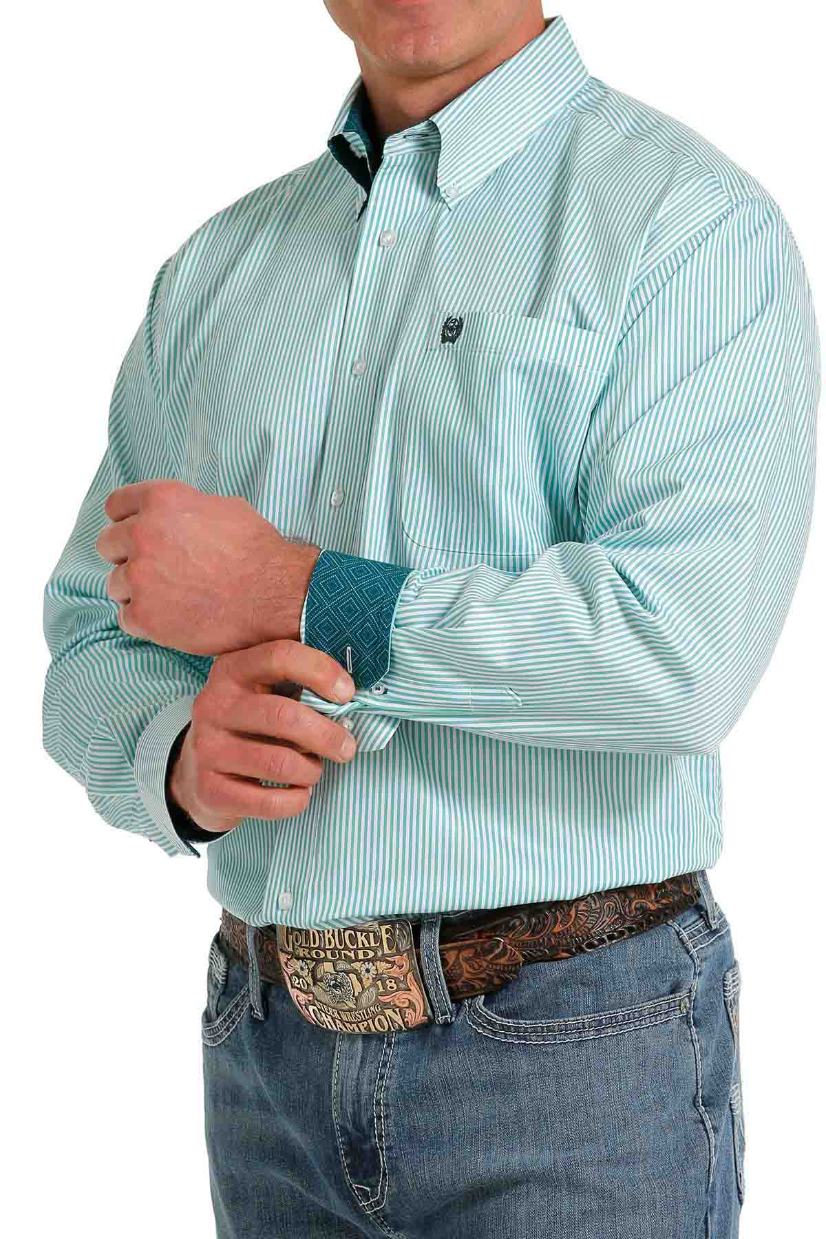Cinch Men's Stripe Tencel Button-Down Western Shirt in White-Green