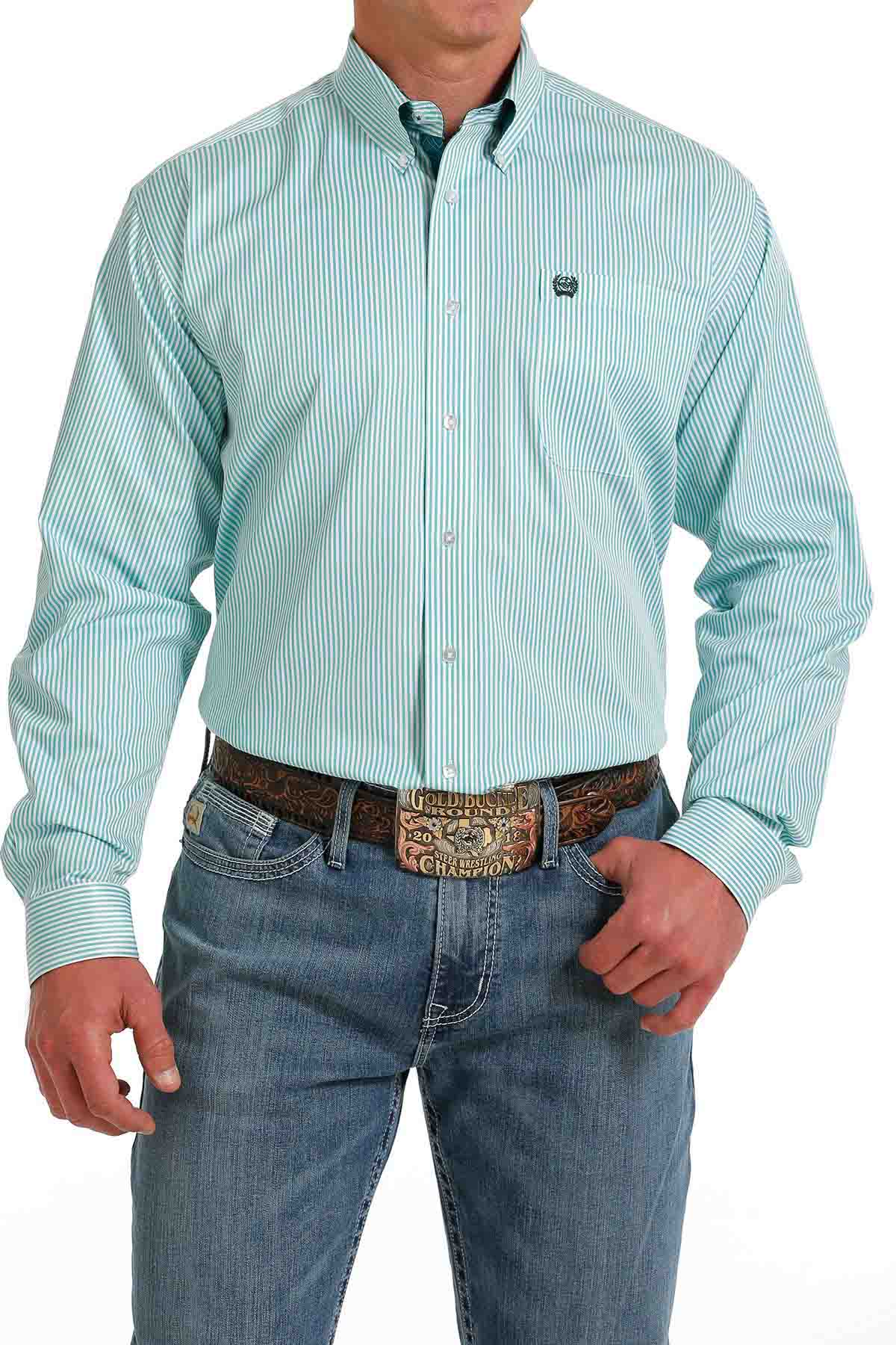 Cinch Men's Stripe Tencel Button-Down Western Shirt in White-Green