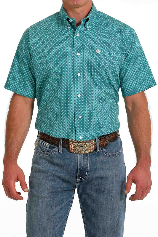 Cinch Men's Medallion Print Button-Down Short-Sleeve Western Shirt in Turquoise-White