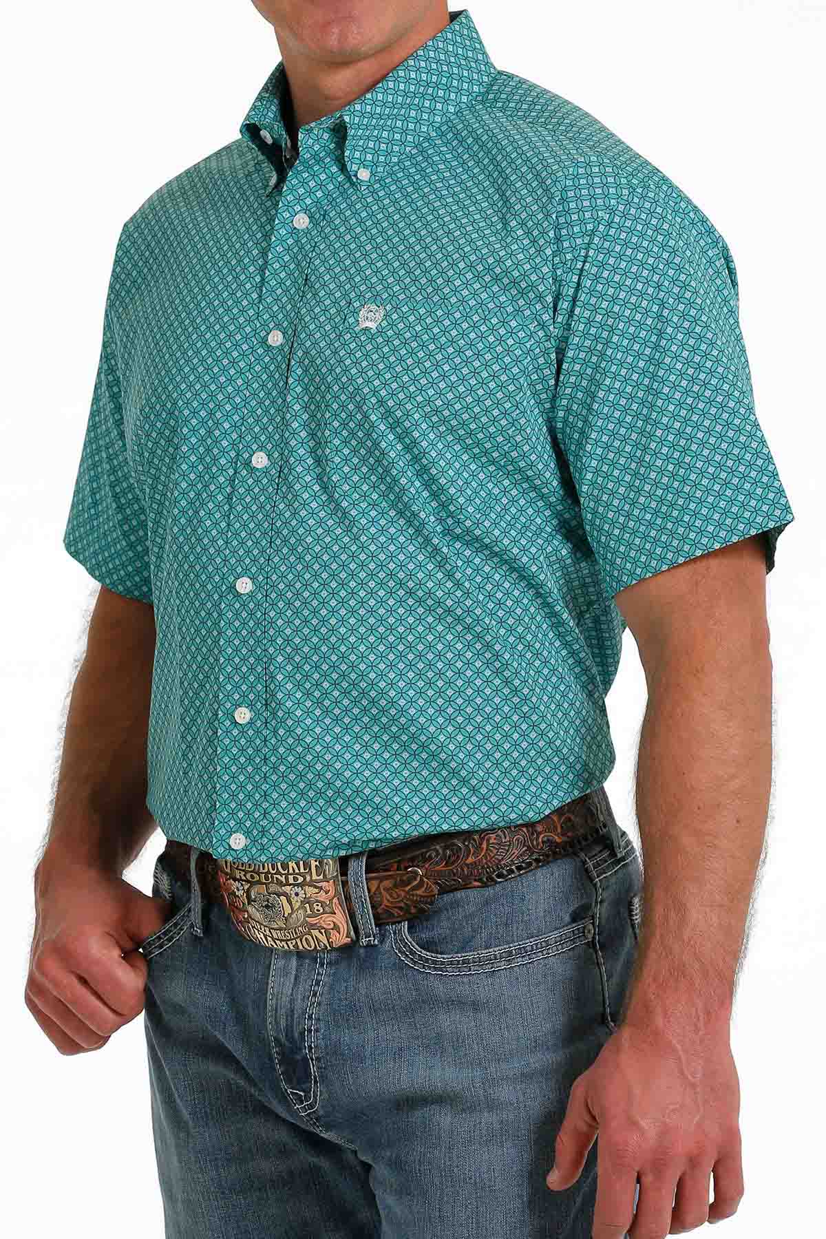 Cinch Men's Medallion Print Button-Down Short-Sleeve Western Shirt in Turquoise-White