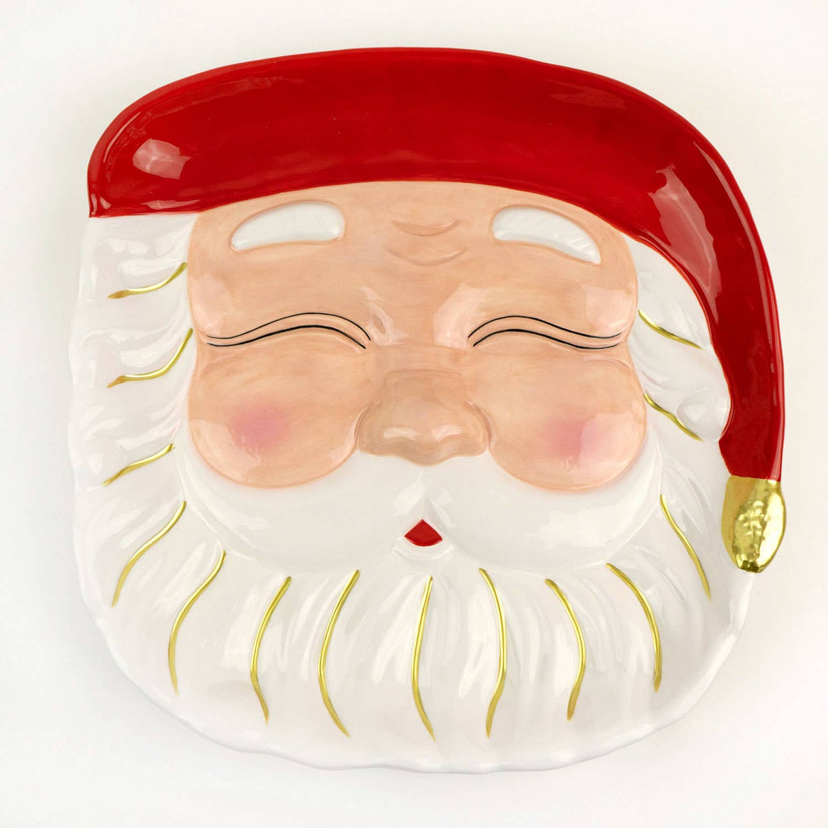 8 Oak Lane Platter - Santa - Red. Ceramic serving dish shaped like Santa's smiling face with a red hat & gold beard accents.