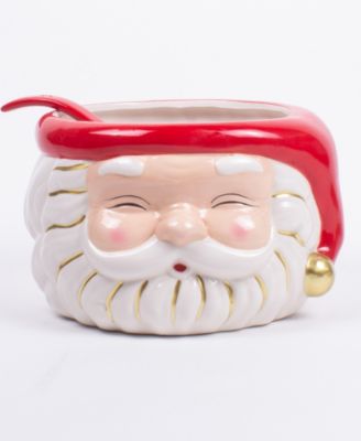 8 Oak Lane Santa Punch Bowl & Ladle. Ceramic Christmas serving ware with red hat, white beard, and gold accents.