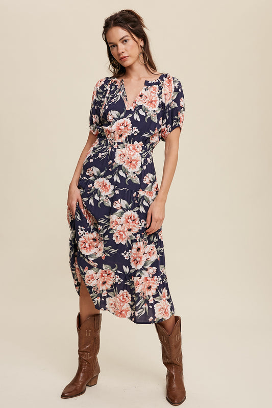 Floral V-Neck Cinched Waist Maxi Dress in Navy Multi by Listicle