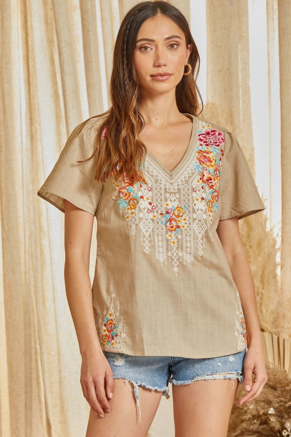 Milley Linen Embroidered Short Sleeve Blouse