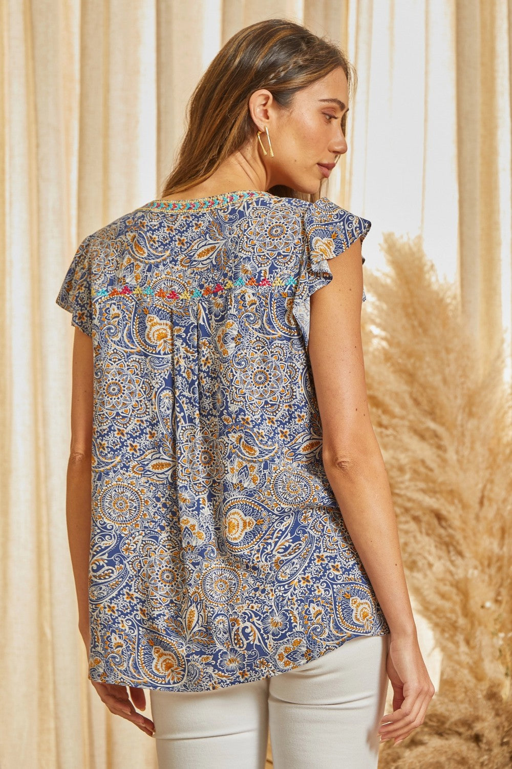 Carolyn Embroidered Tunic Flutter Sleeve Blouse
