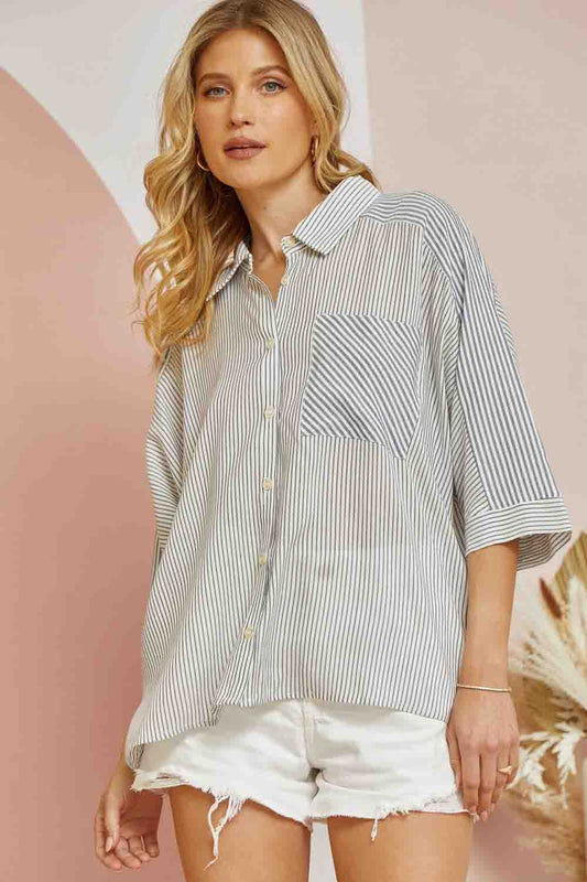 Striped Casual Top with Pocket Denim Mix