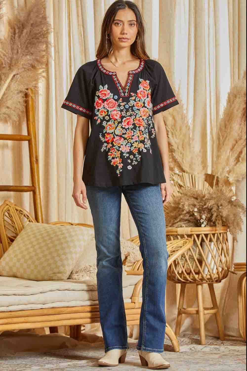 Embroidered Tunic Top Black