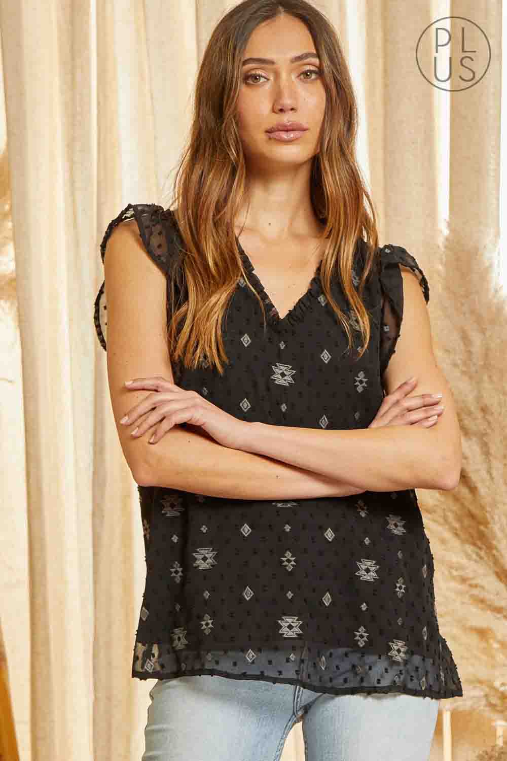 V-Neck Swiss Plus Top Flutter Sleeves with Simple Embroidery