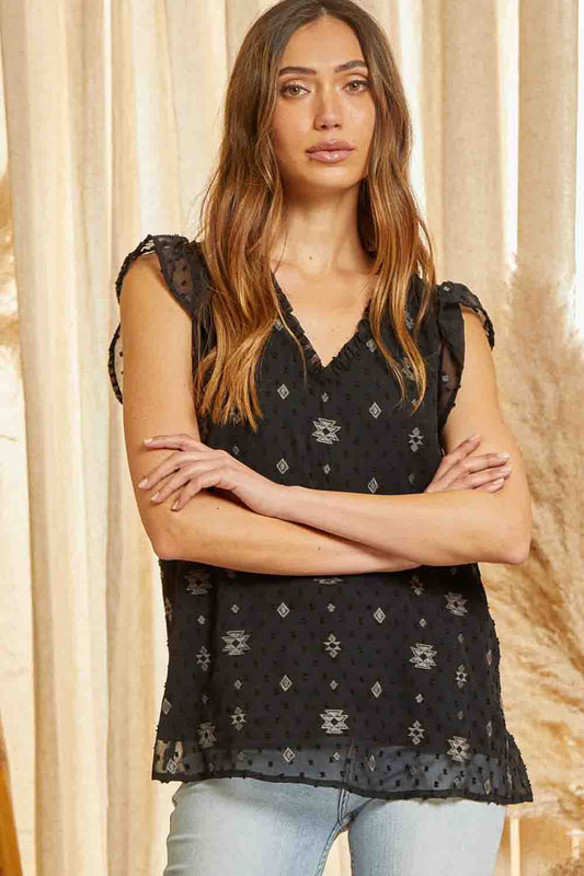 V-Neck Swiss Top Flutter Sleeves with Simple Embroidery