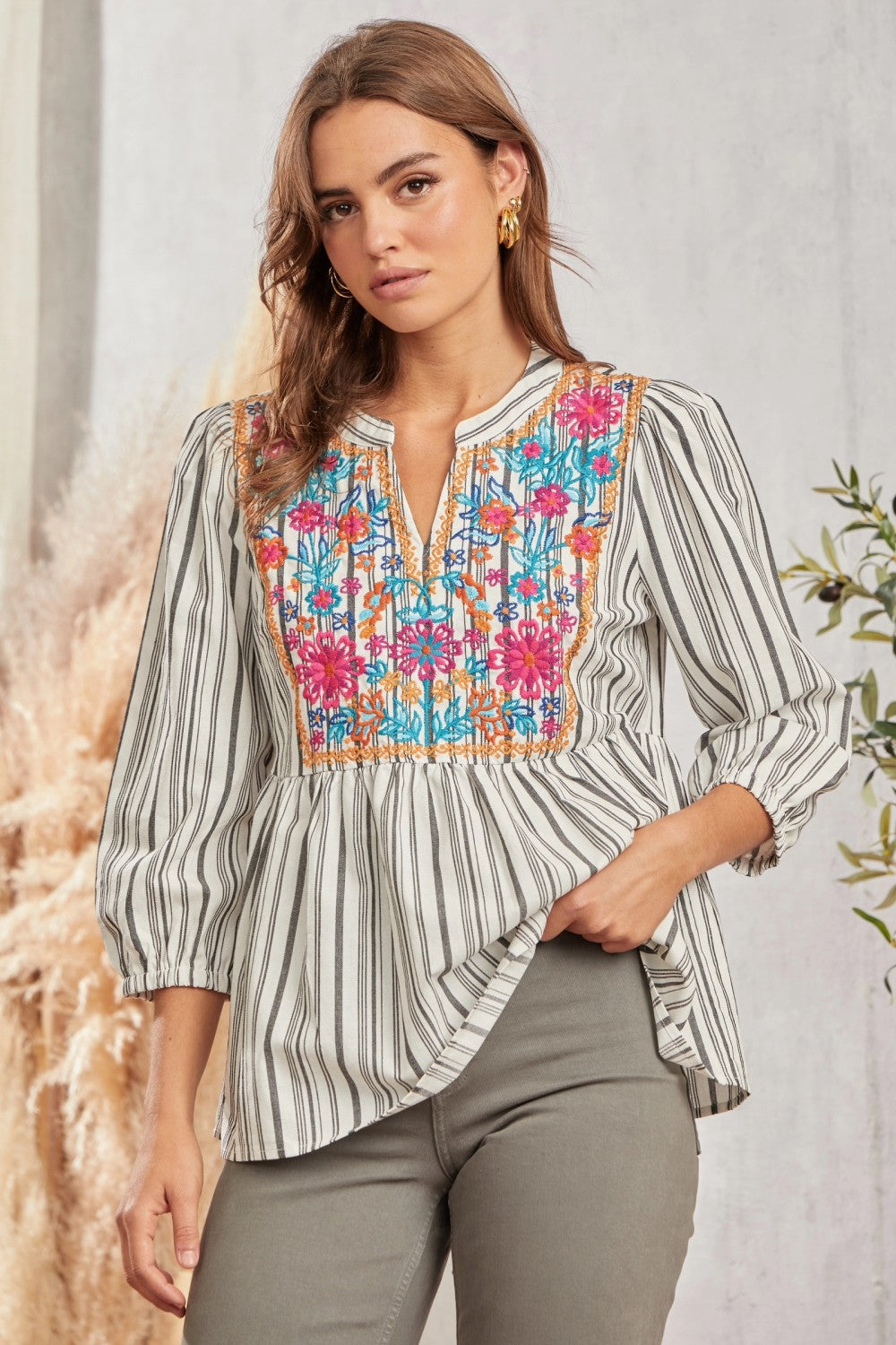 Striped Embroidered Babydoll Top in Ivory/Black by Savanna Jane