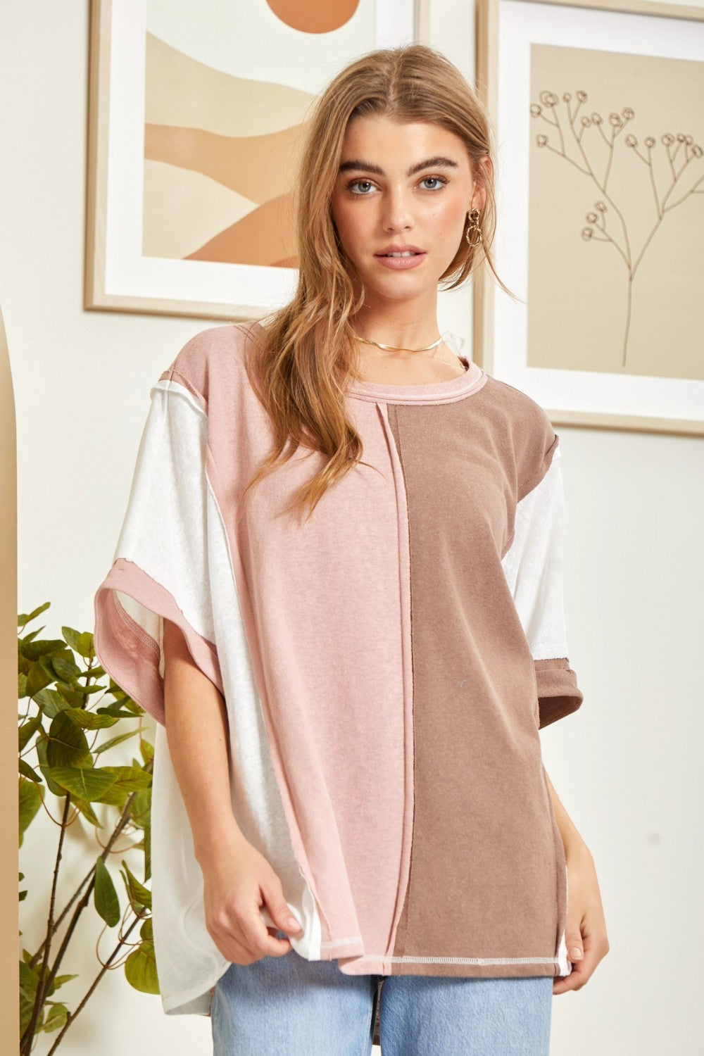 Half Sleeve Colorblocked Top in Mauve-Mocha by Andree by Unit