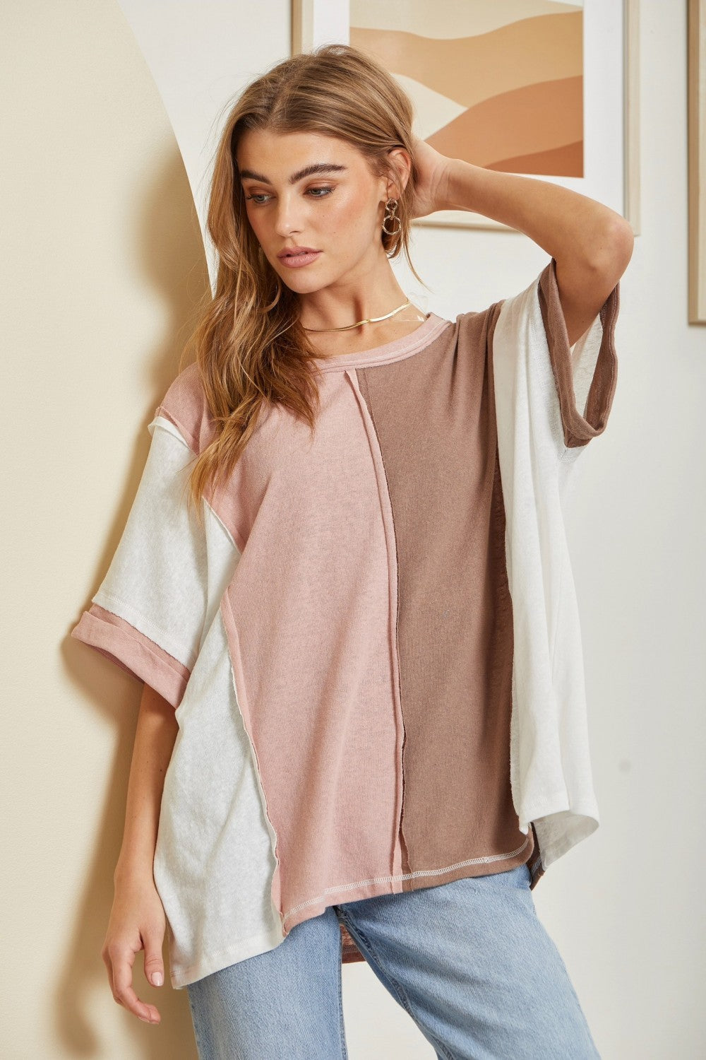 Half Sleeve Colorblocked Top in Mauve-Mocha by Andree by Unit