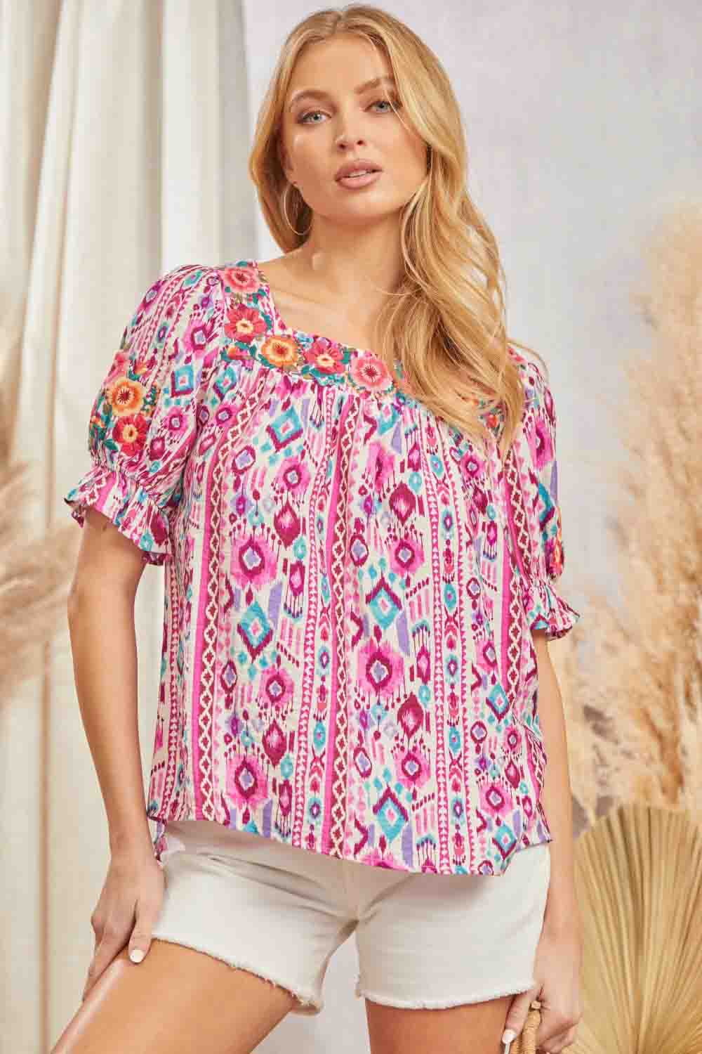 Aztec and Floral Embroidered Shirt by Savanna Jane