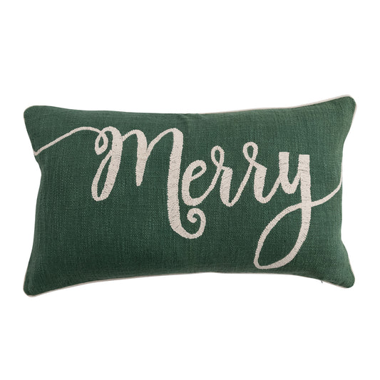 Embroidered "Merry" Cotton Slub Lumbar Pillow by Creative Co-Op
