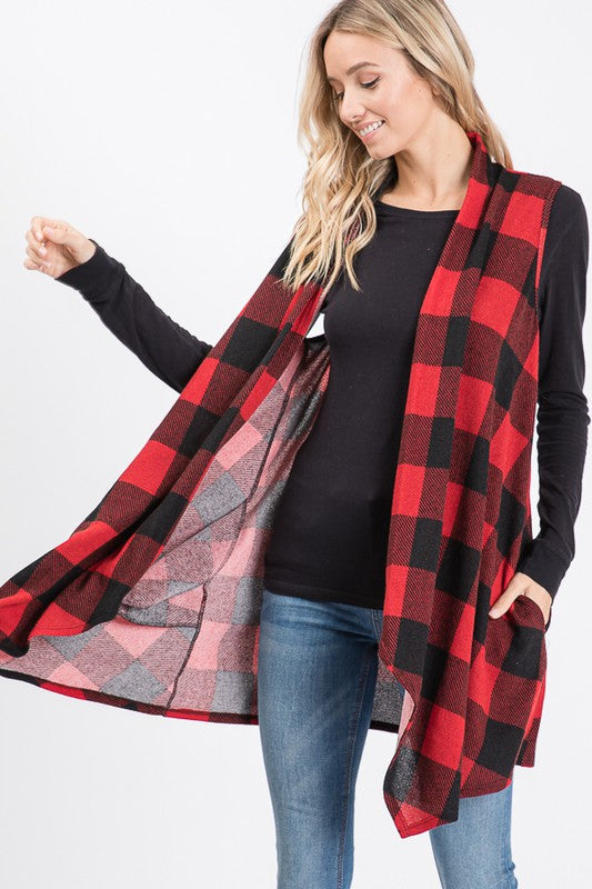 Draped Plaid Vest Black-Red