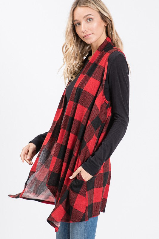 Draped Plaid Vest Black-Red
