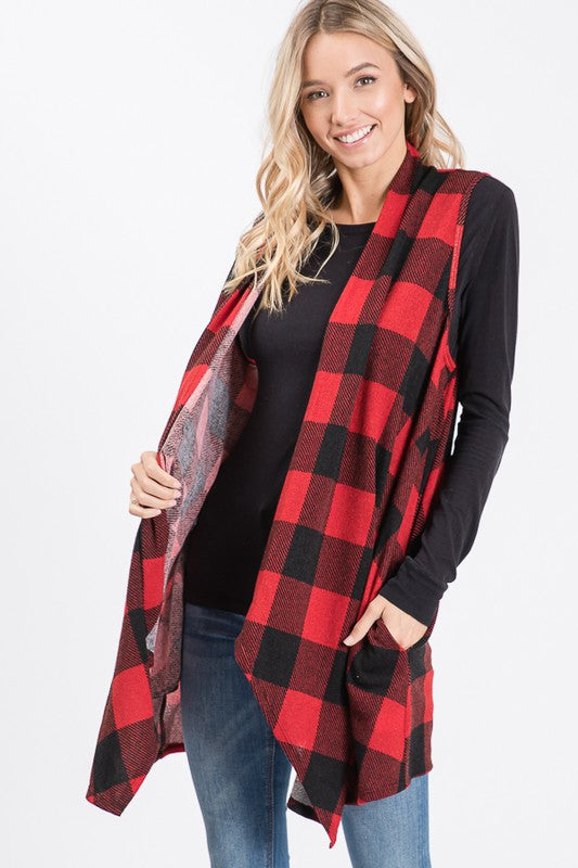Draped Plaid Vest Black-Red