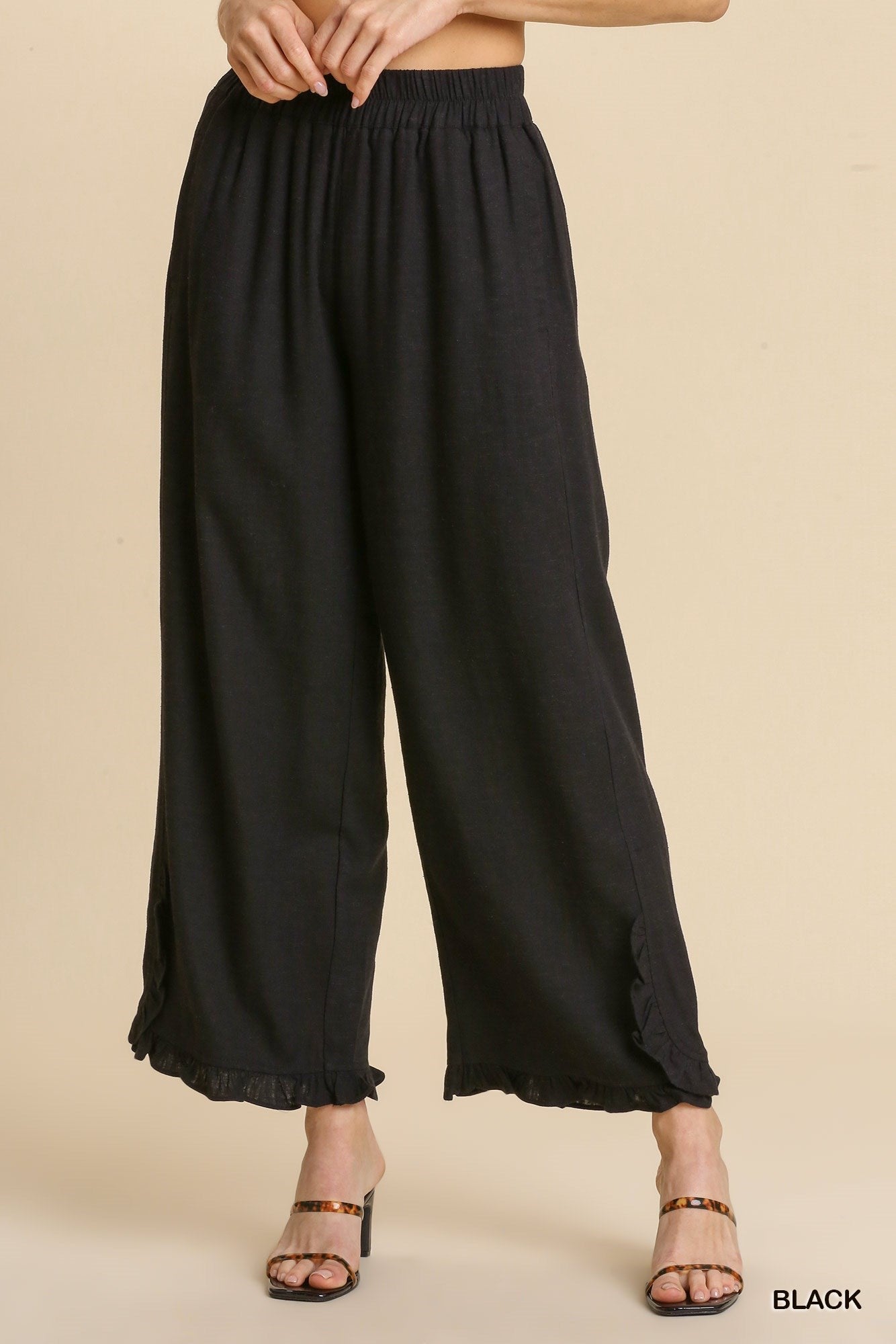 Umgee Black Linen Ruffle Pants Plus