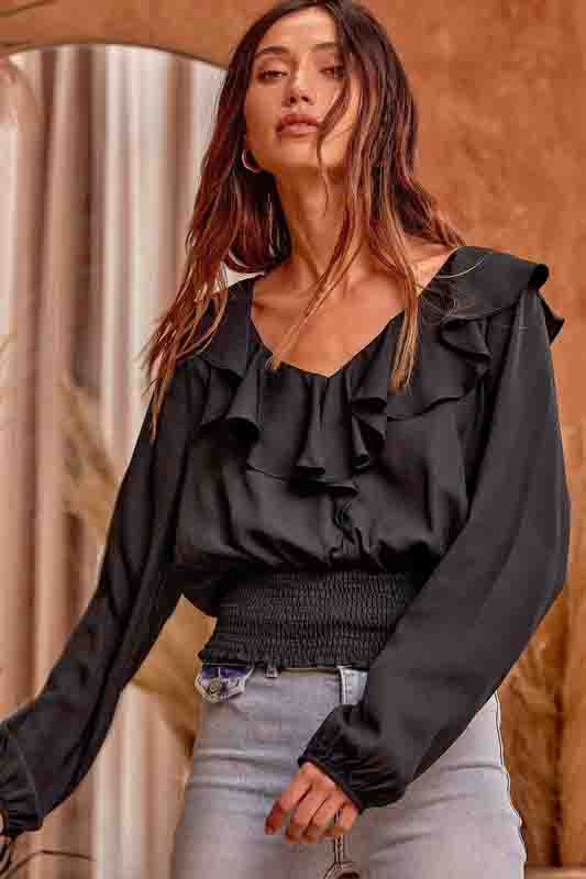 Black Ruffles Neck LSL Top