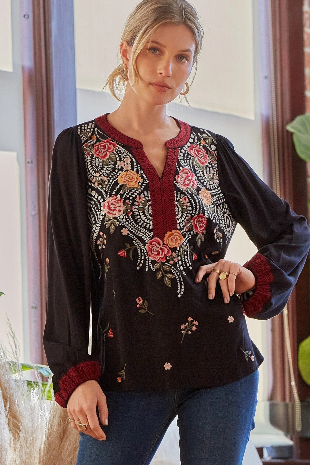 Black Embroidered LSL Top