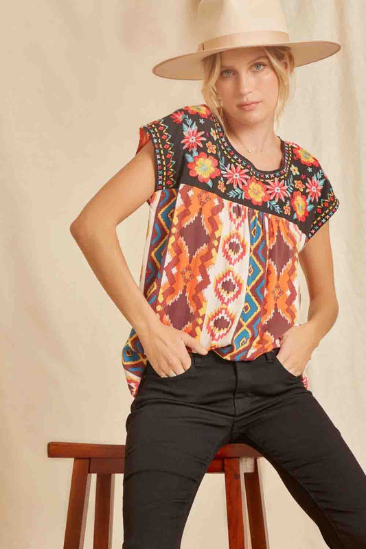 Chic Aztec Print Embroidery Top