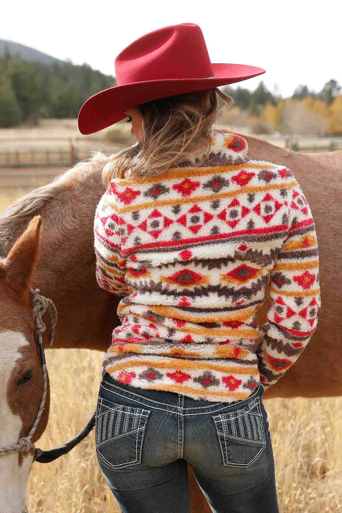 Womens Fleece Jacket Ivory-Red