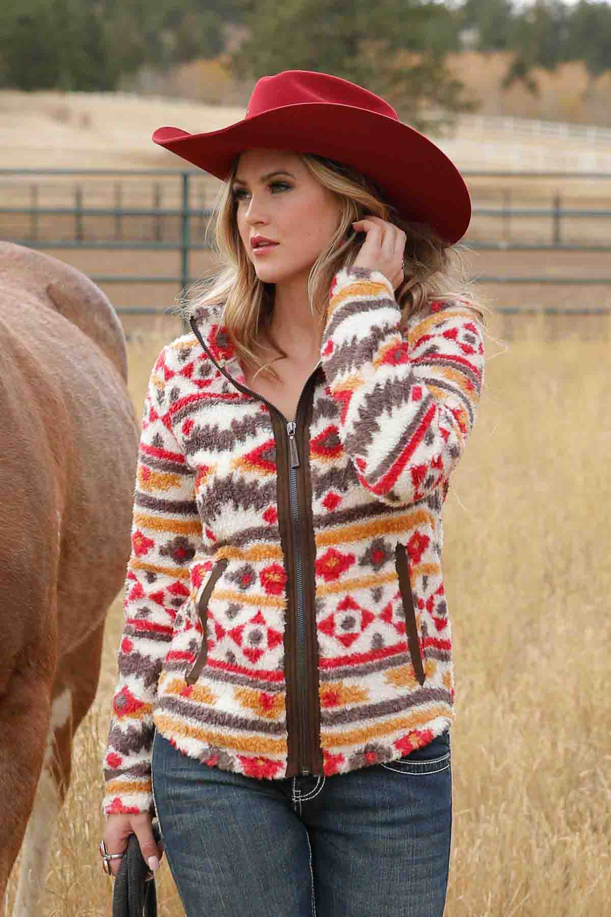 Cinch Womens Fleece Jacket Ivory-Red