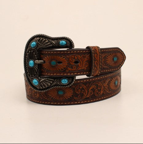 Women's Tooled Belt Brown-Turquoise