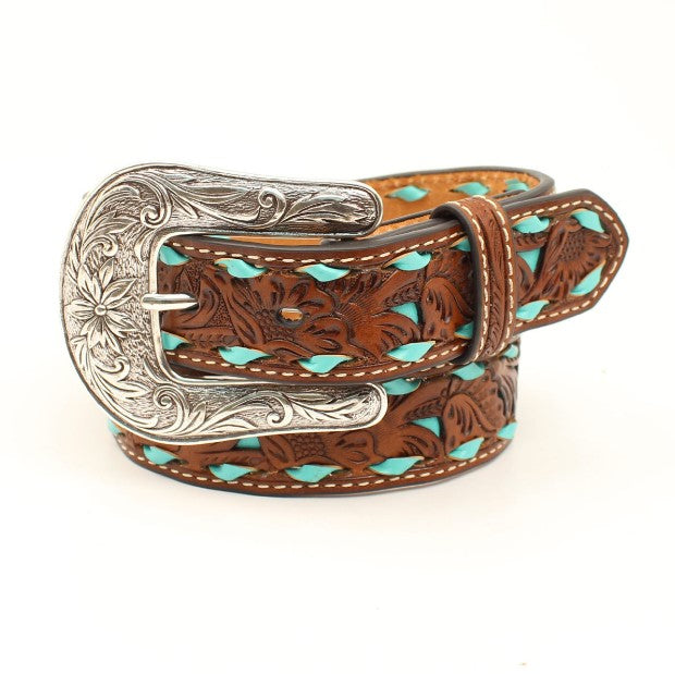 Girls Floral Belt Tan-Turquoise