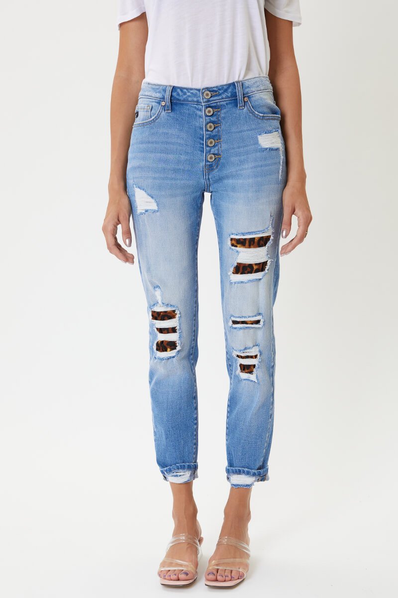KanCan Leona High Rise Ankle Skinny Jeans Leopard Patches