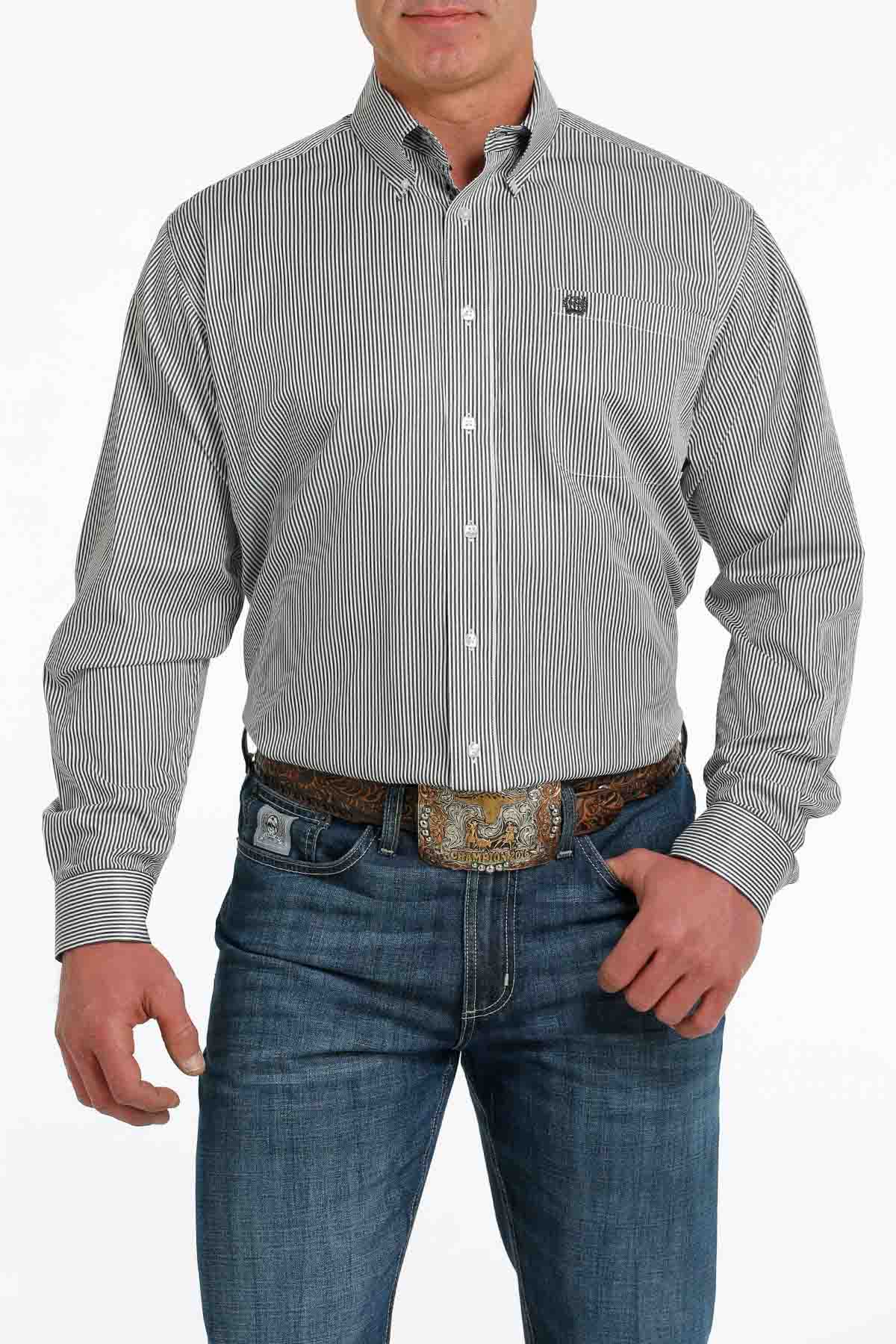 Cinch Long Sleeve Button Down Stripe Gray