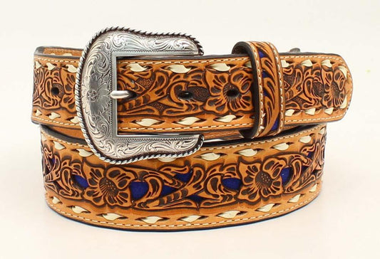 Floral Pierced Belt Tan-Blue
