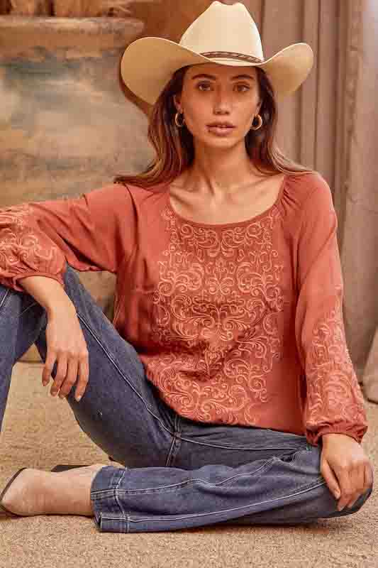 Rust Embroidered LSL Top