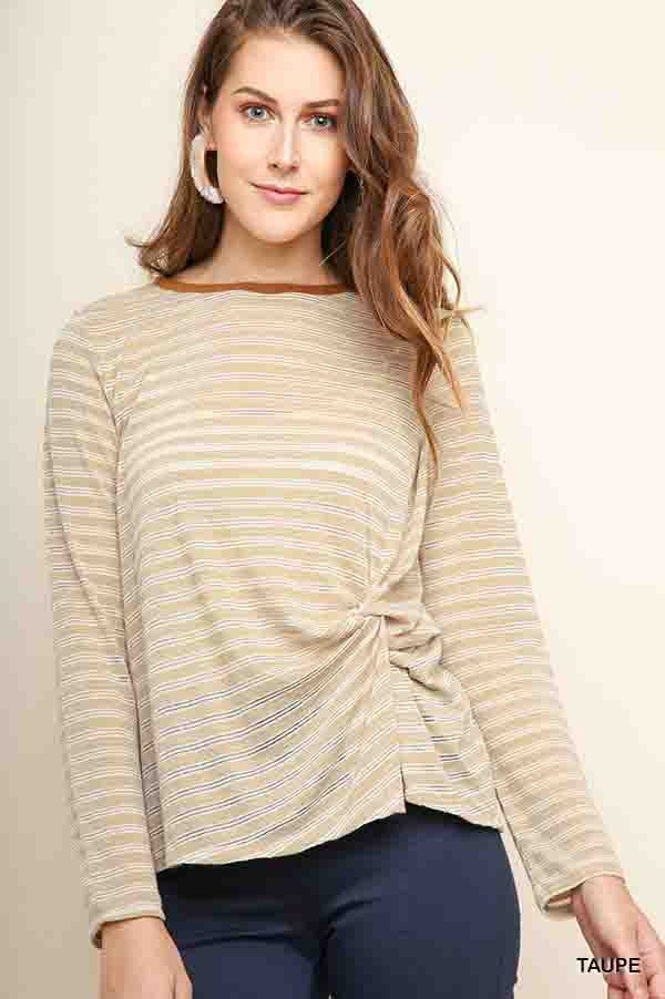 Umgee Striped LSL Knotted Taupe