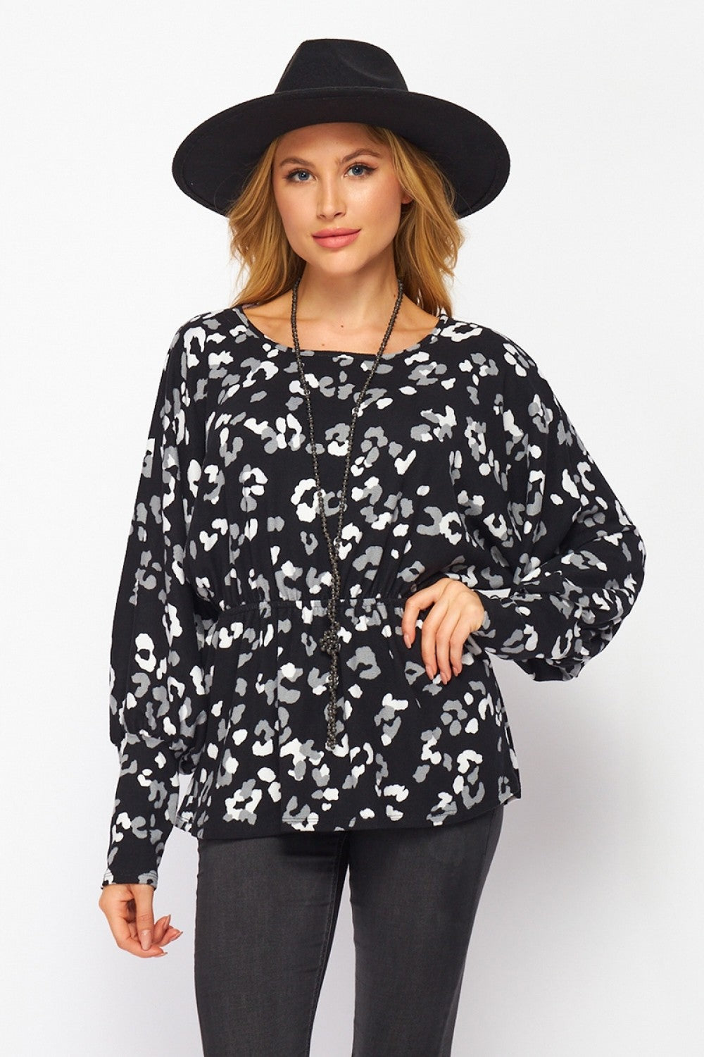 LS Boho Round Neck Black Leopard Top Plus