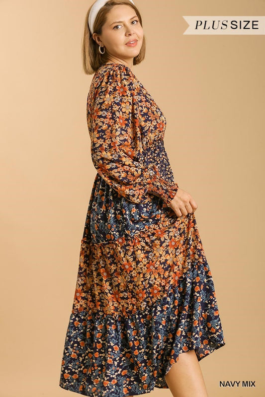 V Neck Navy Floral Midi Dress