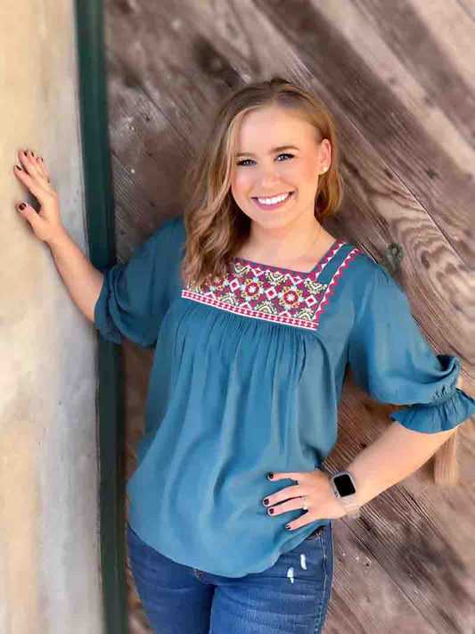 Avery Embroidered Top Teal