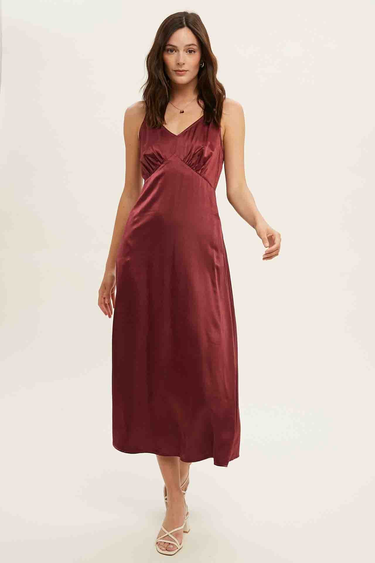 Wine Satin Midi Dress Pockets