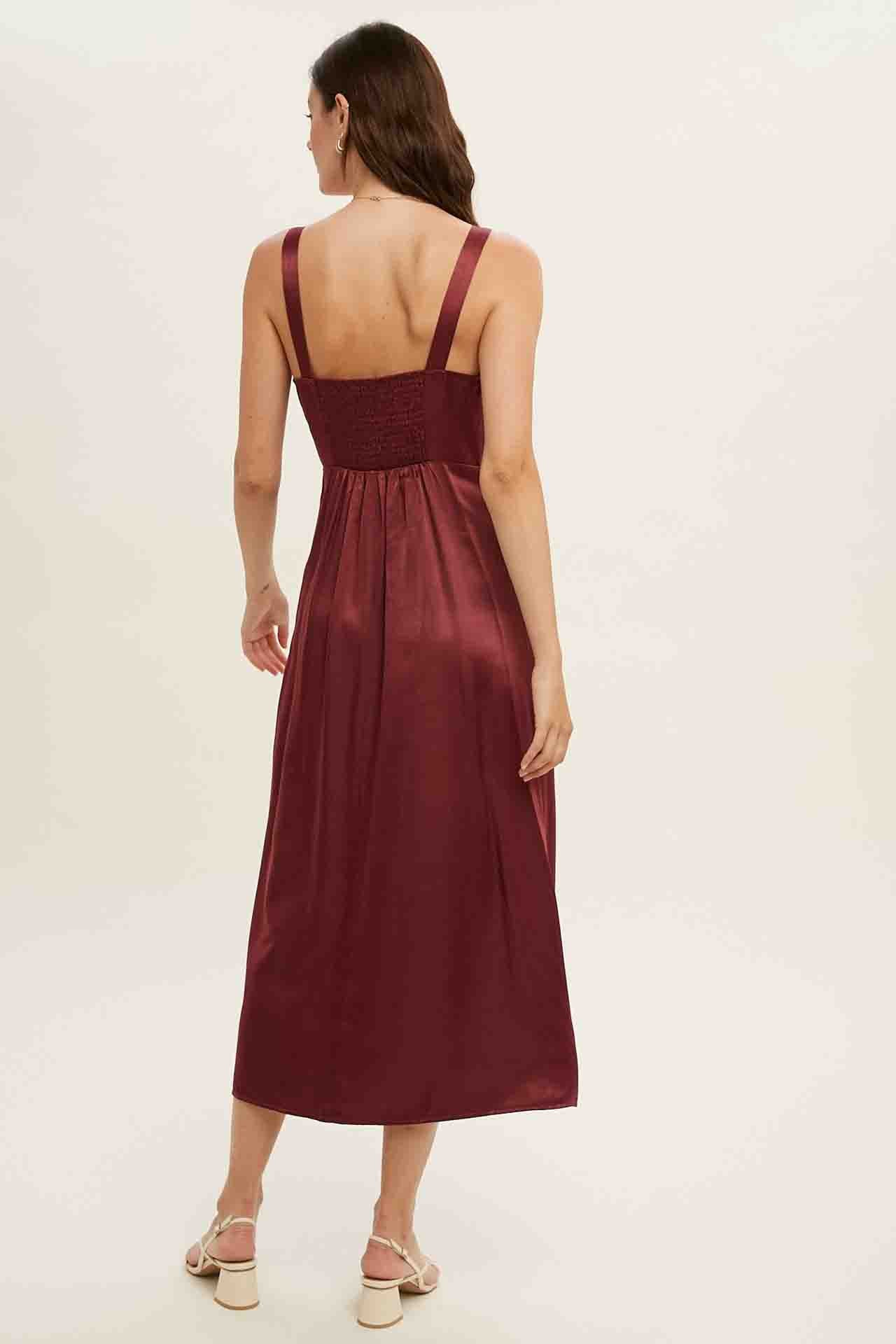 Wine Satin Midi Dress Pockets