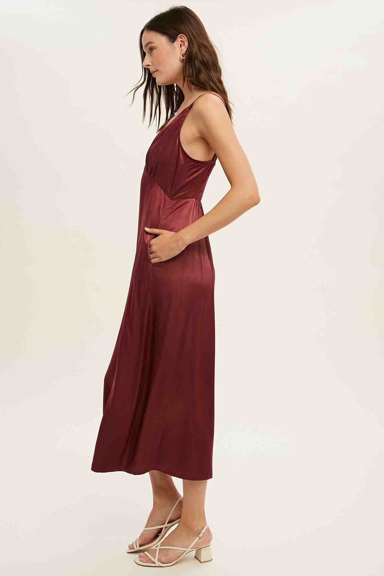 Wine Satin Midi Dress Pockets