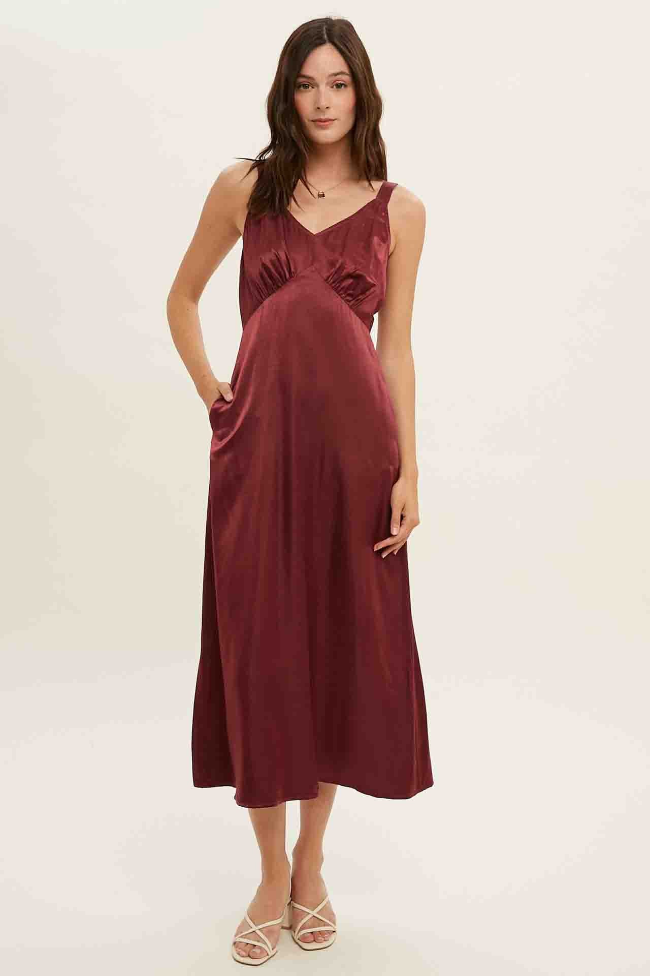 Wine Satin Midi Dress Pockets