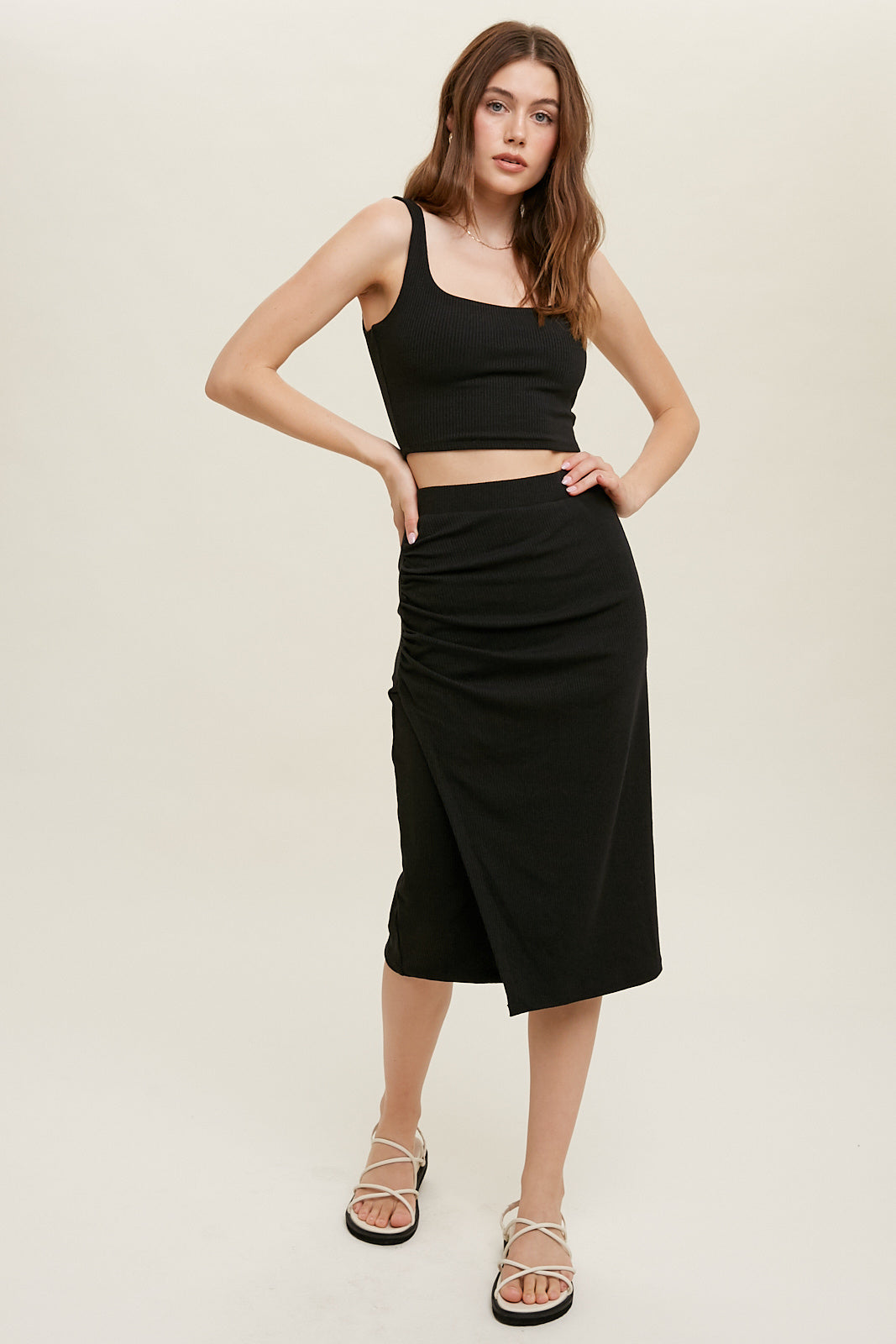 Ribbed Top and Skirt Set Black